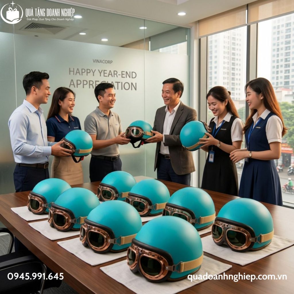 Mũ Bảo Hiểm Nửa Đầu Có Kính Rời In Logo Quà Tặng Doanh Nghiệp
