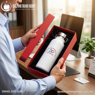 Nhân viên văn phòng Việt Nam trong trang phục công sở sử dụng bình giữ nhiệt trắng thanh lịch tại bàn làm việc