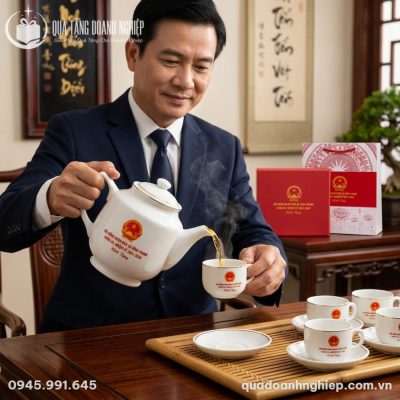 Nam doanh nhân trong trang phục công sở lịch lãm nâng chén trà bên bàn làm việc