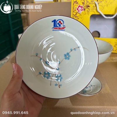 Đĩa tròn đựng thức ăn có lòng đĩa thấu quang bóng mịn vẽ cành mai xanh mềm mại