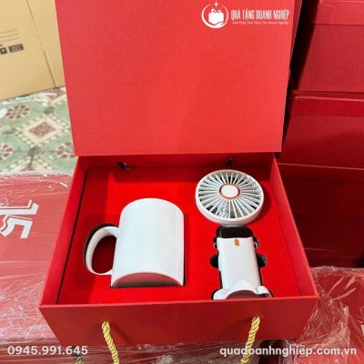 Bộ Giftset Quà Tặng Doanh Nhiệp Ly Sứ & Quạt Mini In Logo