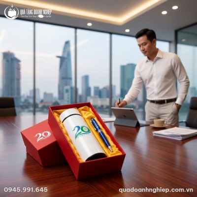Bộ Quà Tặng Giftset Bình Giữ Nhiệt Trắng & Bút Ký In Logo Quà Tặng Doanh Nghiệp