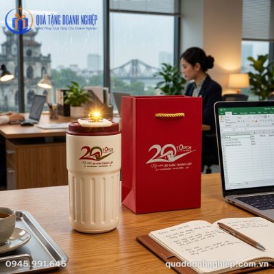 Ly giữ nhiệt LGNQT-01 đặt kiêu hãnh trên bàn làm việc