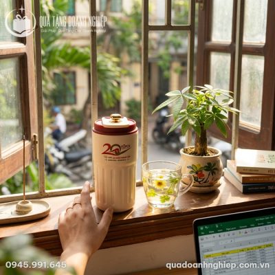 Ánh nắng ban mai qua ô cửa kính chiếu rọi lên chiếc ly giữ nhiệt