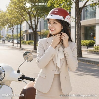 Mũ Bảo Hiểm Nửa Đầu Màu Đỏ Trắng In Logo Quà Tặng Doanh Nghiệp