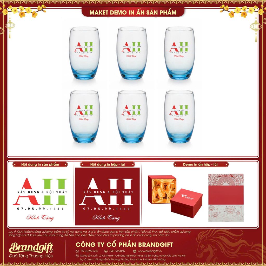 Bộ 6 Cốc Thủy Tinh Màu Xanh In Logo Quà Tặng Doanh Nghiệp 370ml