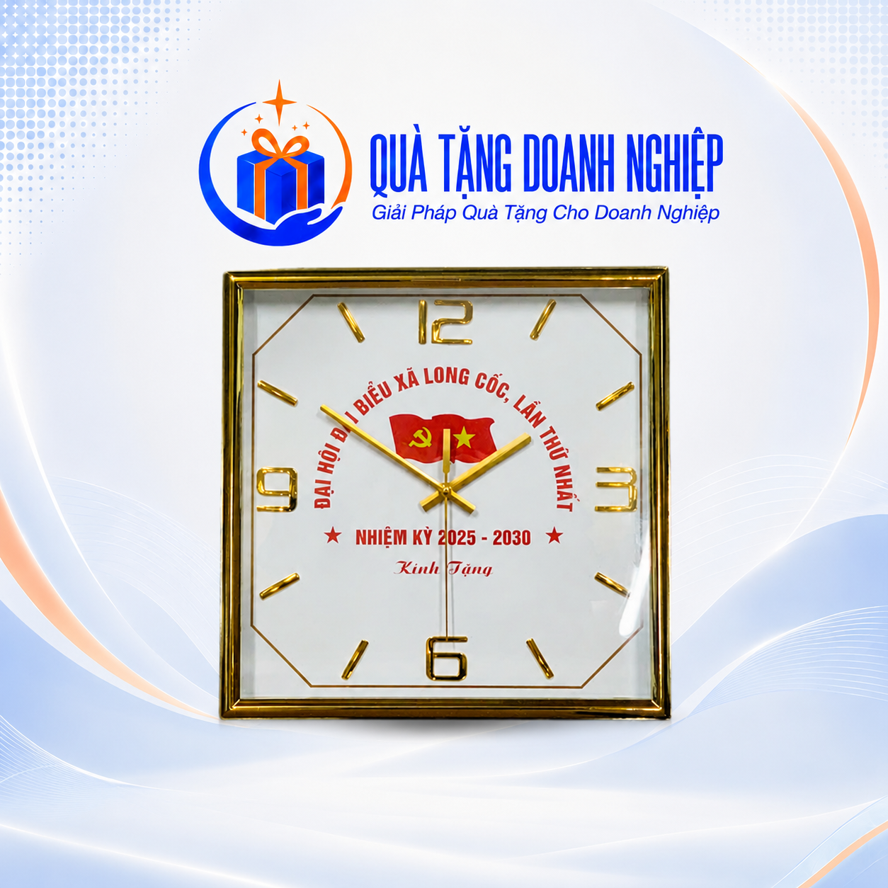 Đồng Hồ Treo Tường Hình Vuông Viền Vàng Quà Tặng Doanh Nghiệp In Logo Đồng Hồ Treo Tường Hình Vuông Viền Vàng Quà Tặng Doanh Nghiệp In Logo