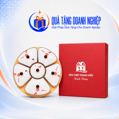 Khay Mứt Tết Gốm Sứ Hoa Đào In Logo Quà Tặng Doanh Nghiệp