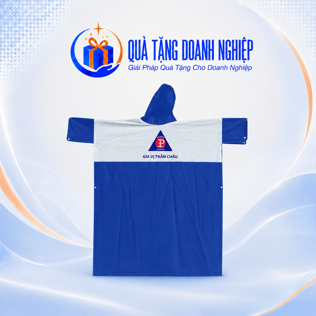 Áo Mưa In Logo Cài Cạnh Có Tay Vải Nhựa Màu Xanh Quà Tặng Doanh Nghiệp