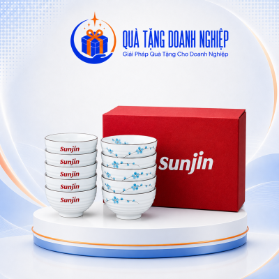 Bộ 10 bát cơm  men kem hoạ tiết cành đào xanh in logo Quà Tặng BC-03