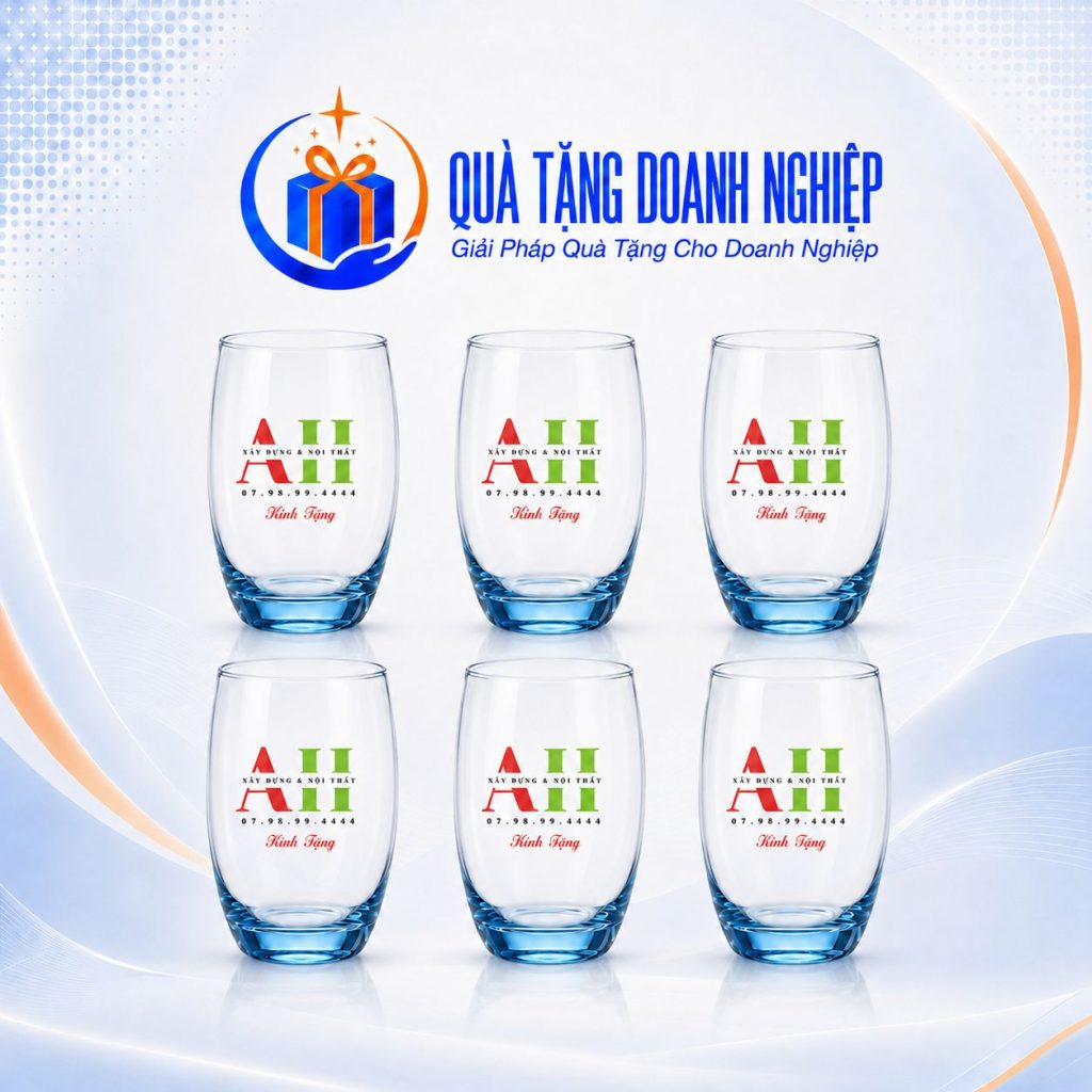 Bộ 6 Cốc Thủy Tinh Màu Xanh In Logo Quà Tặng Doanh Nghiệp 370ml