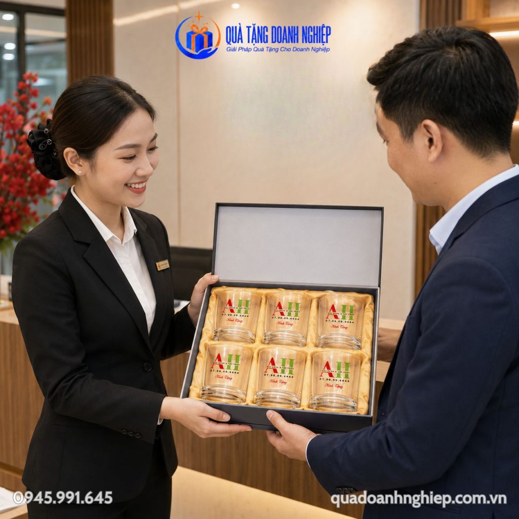 Bộ 6 Ly Thủy Tinh Dáng Trụ Thấp Logo Quà Tặng Doanh Nghiệp