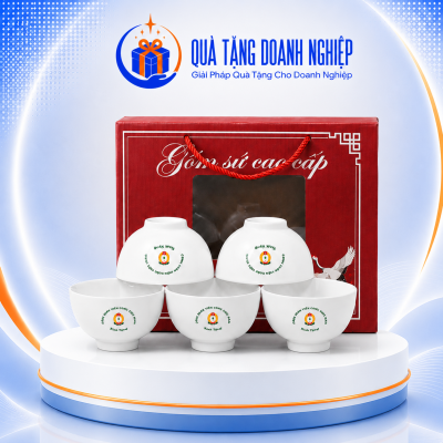 Bộ 10 bát cơm men trắng gốm sứ Bát Tràng in logo quà tặng BC-07