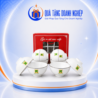 Bộ 10 bát cơm men trắng gốm sứ Bát Tràng in logo quà tặng BC-06