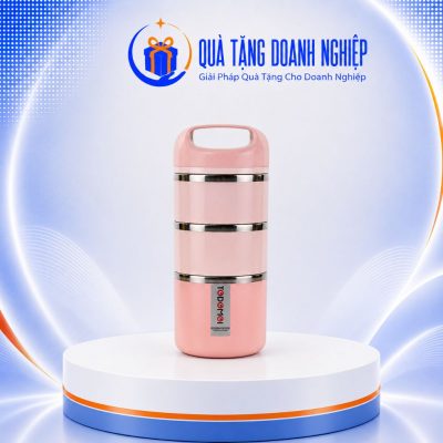 Hộp cơm văn phòng 3 tầng màu hồng in logo quà tặng HC-03