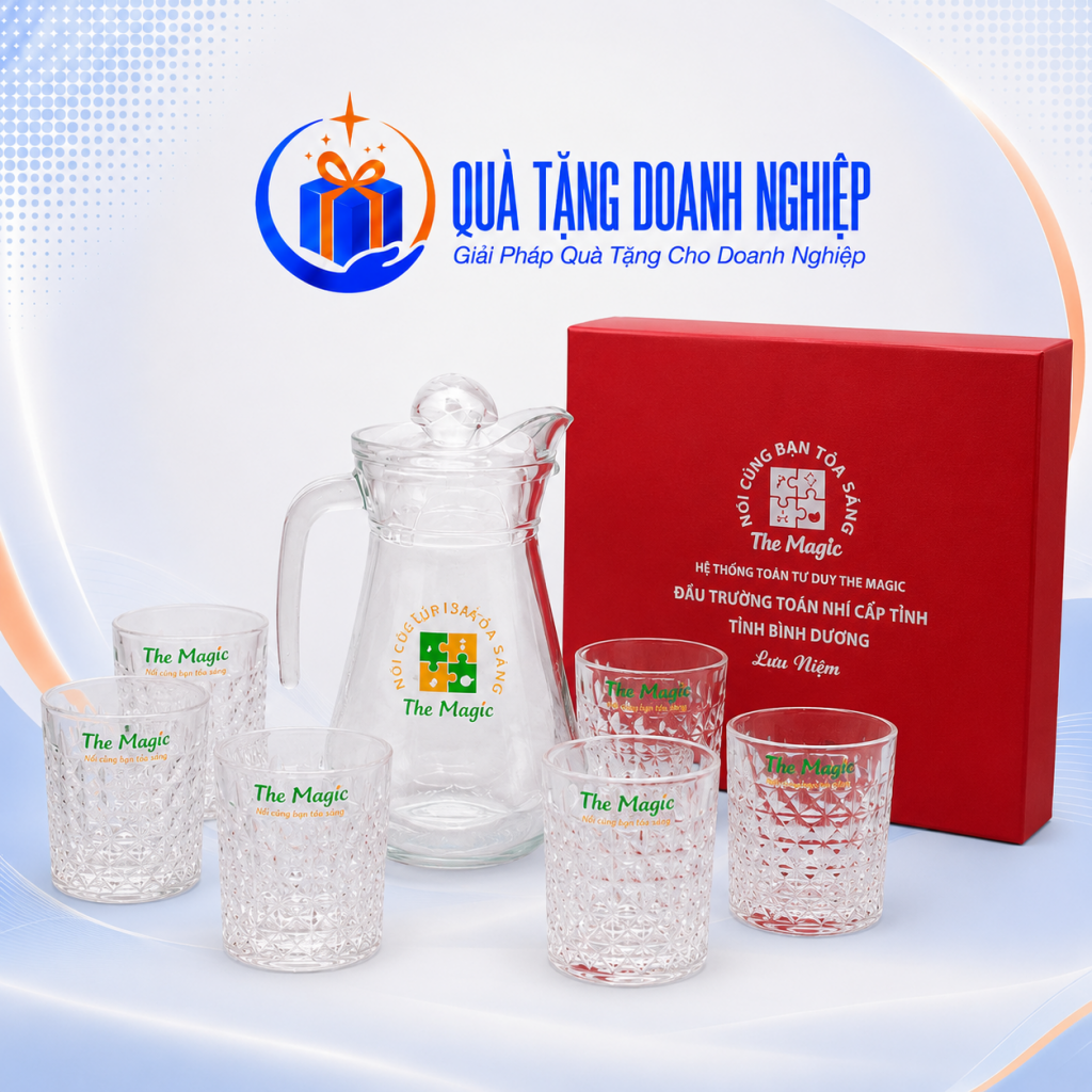 Bộ Bình Nước Và 6 Cốc Thủy Tinh Khía Vân Kim Cương Quà Tặng Doanh Nghiệp In Logo