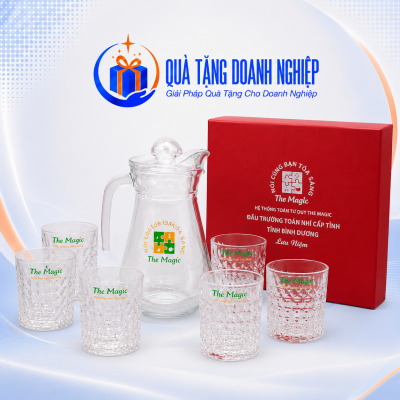Bộ Bình Nước Và 6 Cốc Thủy Tinh Khía Vân Kim Cương Quà Tặng Doanh Nghiệp In Logo
