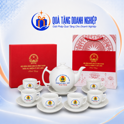 Quà tặng Đại hội bộ ấm chén trà trắng dáng bưởi cành in logo quà tặng ACQT-03