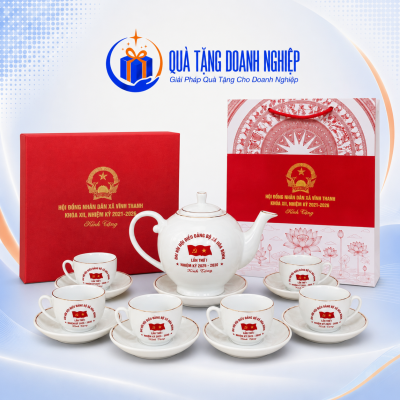 bộ ấm chén uống trà dáng camellia kẻ chỉ vàng in logo quà tặng ACQT-04