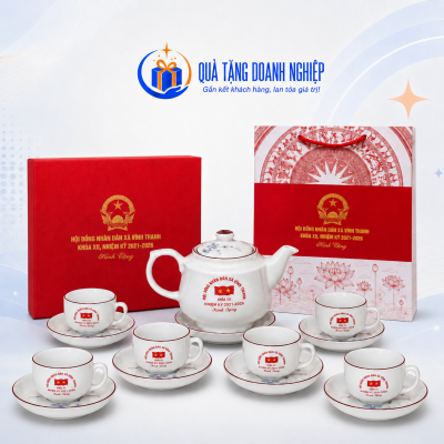 Bộ ấm chén trà dáng vuông vẽ hoa đào xanh in logo quà tặng ACQT-06
