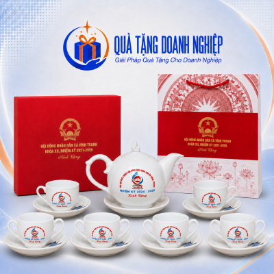 Bộ ấm chén uống trà sứ trắng dáng bưởi lửa in logo quà tặng ACQT-02