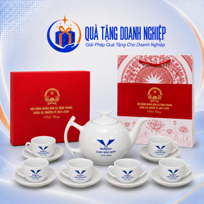 Bộ ấm chén sứ trắng dáng bưởi cành in logo quà tặng  ACQT-17