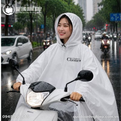 Áo Mưa Cánh Dơi Màu Trắng In Logo Quà Tặng Doanh Nghiệp