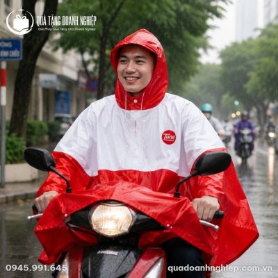 Áo Mưa Cánh Dơi Phối Màu Đỏ Trắng In Logo Quà Tặng Doanh Nghiệp