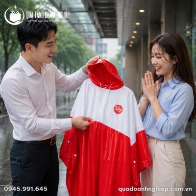 Áo Mưa Cánh Dơi Phối Màu Đỏ Trắng In Logo Quà Tặng Doanh Nghiệp