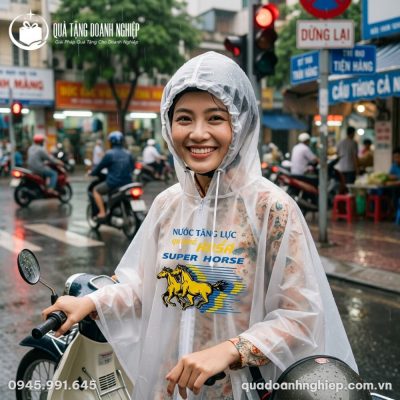 Áo Mưa Cánh Dơi Trắng Đục In Logo Quà Tặng Doanh Nghiệp
