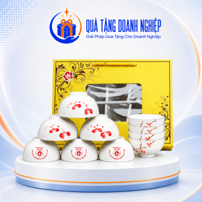 Bộ 10 bát cơm men kem họa tiết hoa đào đỏ in logo Quà Tặng BC-05