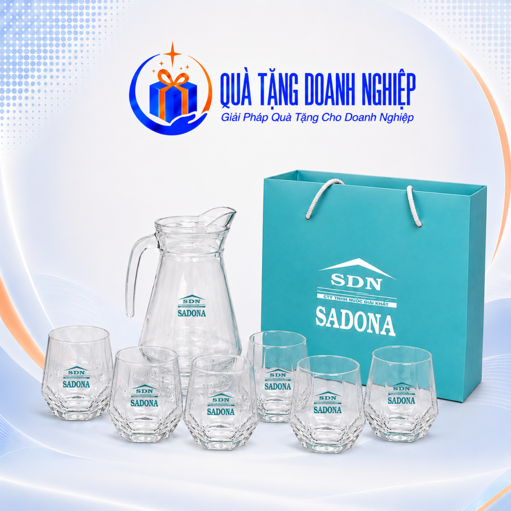 Bộ Bình Ly Thủy Tinh Kim Cương Quà Tặng Doanh Nghiệp In Logo Sadona