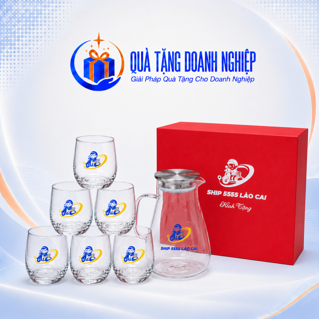 Bộ Bình Cốc Thủy Tinh Quà Tặng Doanh Nghiệp In Logo