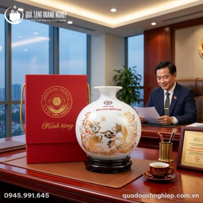 Bình Hút Lộc In Logo Kim Song Ngư Cát Tường Quà Tặng Doanh Nghiệp