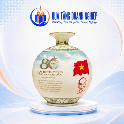 Bình Hút Lộc Sứ Men Kem Vẽ Vàng In Logo Kỷ Niệm 80 Năm Quà Tặng Doanh Nghiệp