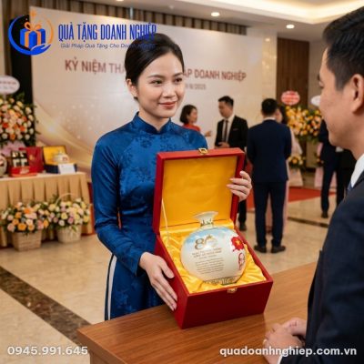 Bình Hút Lộc Sứ Men Kem Vẽ Vàng In Logo Kỷ Niệm 80 Năm Quà Tặng Doanh Nghiệp