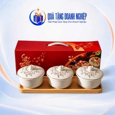 Bộ 3 Bát Đựng Mứt Tết Bằng Sứ Trắng In Logo Quà Tặng Doanh Nghiệp