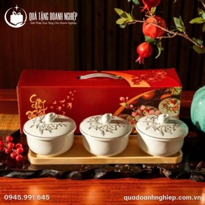 Bộ 3 Bát Đựng Mứt Tết Bằng Sứ Trắng In Logo Quà Tặng Doanh Nghiệp