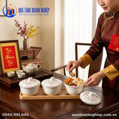 Bộ 3 Bát Đựng Mứt Tết Bằng Sứ Trắng In Logo Quà Tặng Doanh Nghiệp