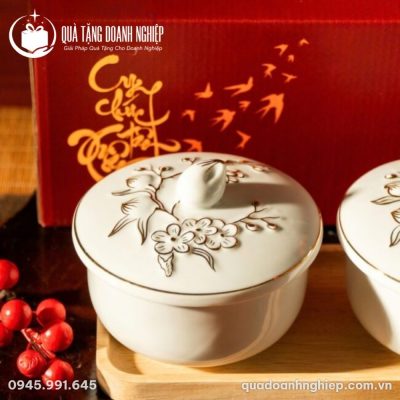 Bộ 3 Bát Đựng Mứt Tết Bằng Sứ Trắng In Logo Quà Tặng Doanh Nghiệp