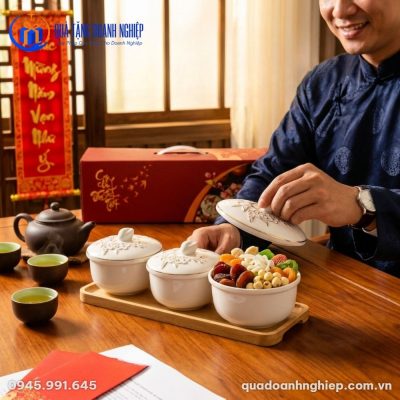 Bộ 3 Bát Đựng Mứt Tết Bằng Sứ Trắng In Logo Quà Tặng Doanh Nghiệp