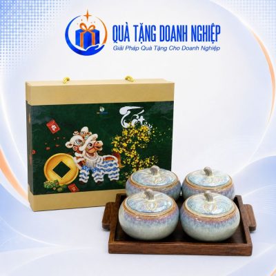 Bộ 4 Hũ Mứt Tết Gốm Sứ Men Hỏa Biến In Logo Quà Tặng Doanh Nghiệp