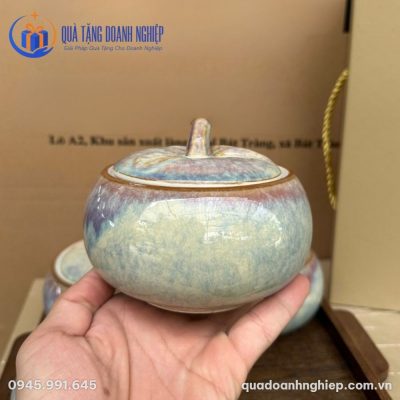 Bộ 4 Hũ Mứt Tết Gốm Sứ Men Hỏa Biến In Logo Quà Tặng Doanh Nghiệp