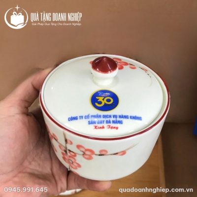 Bộ 4 Hũ Đựng Mứt Tết Bằng Sứ Vẽ Hoa Đào In Logo Quà Tặng Doanh Nghiệp