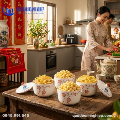 Bộ 4 Hũ Đựng Mứt Tết Bằng Sứ Vẽ Hoa Đào In Logo Quà Tặng Doanh Nghiệp