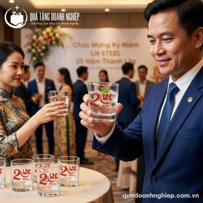Bộ 6 Ly Thủy Tinh Dáng Lùn Quà Tặng Doanh Nghiệp In Logo Kỷ Niệm 20 Năm Thành Lập