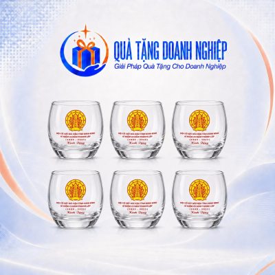 Bộ 6 Ly Thủy Tinh Lùn Dáng Bầu Tròn In Logo Kỷ Niệm 25 Năm Quà Tặng Doanh Nghiệp