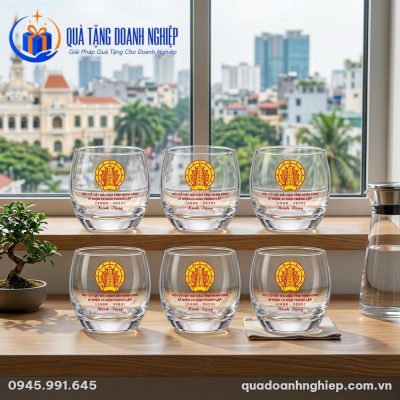 Bộ 6 Ly Thủy Tinh Lùn Dáng Bầu Tròn In Logo Kỷ Niệm 25 Năm Quà Tặng Doanh Nghiệp