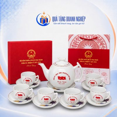 Bộ ấm chén sứ trắng dáng bưởi cành in logo quà tặng ACQT-13 - Ảnh đại diện