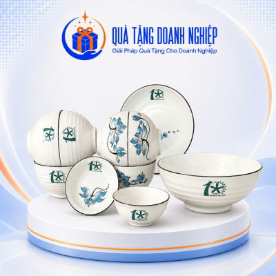 Bộ Bát Đĩa 12 Món Men Trắng In Logo Quà Tặng Doanh Nghiệp BDQT-07